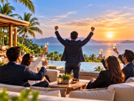 Incentive group celebrating at a sunset beach resort